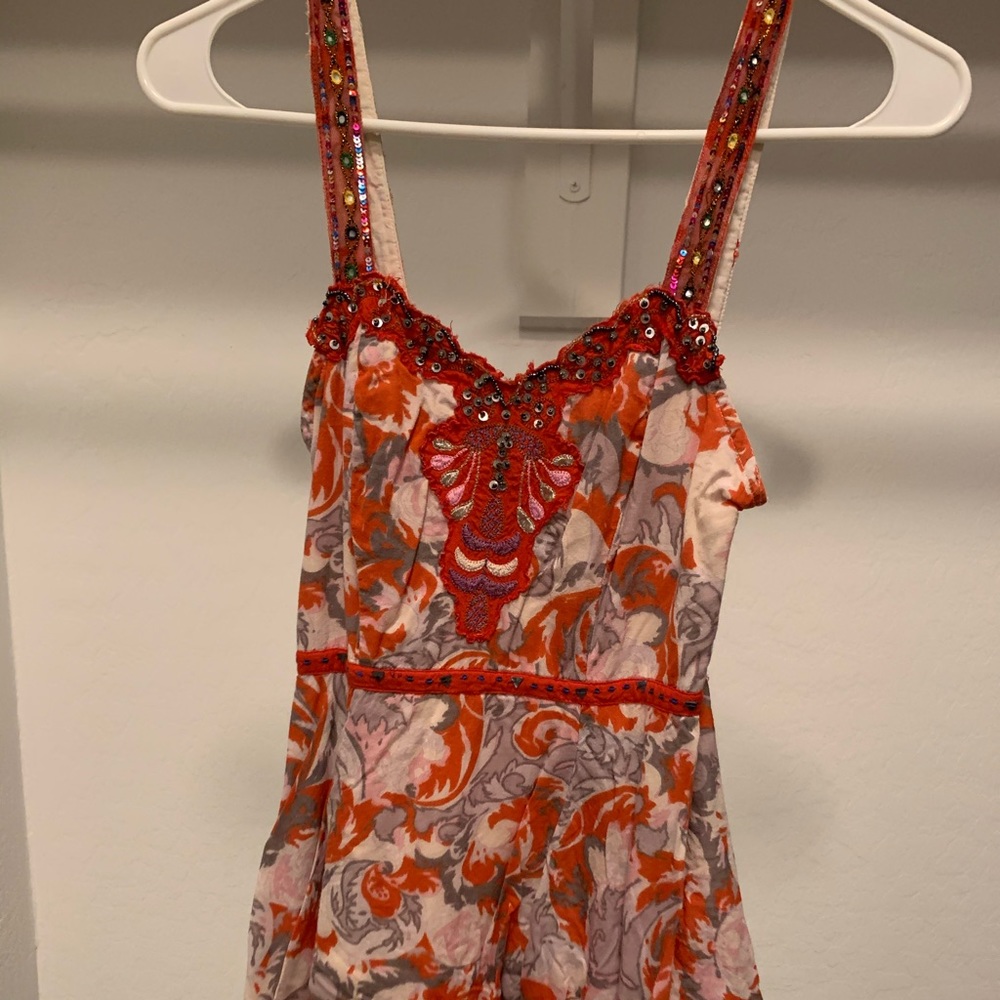 Free People Orange and Gray Floral Embellished Tunic